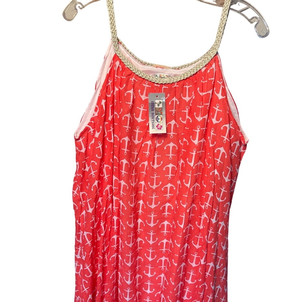 India Boutique nautical dress coral white anchor sleeveless swing design NWT OS‎